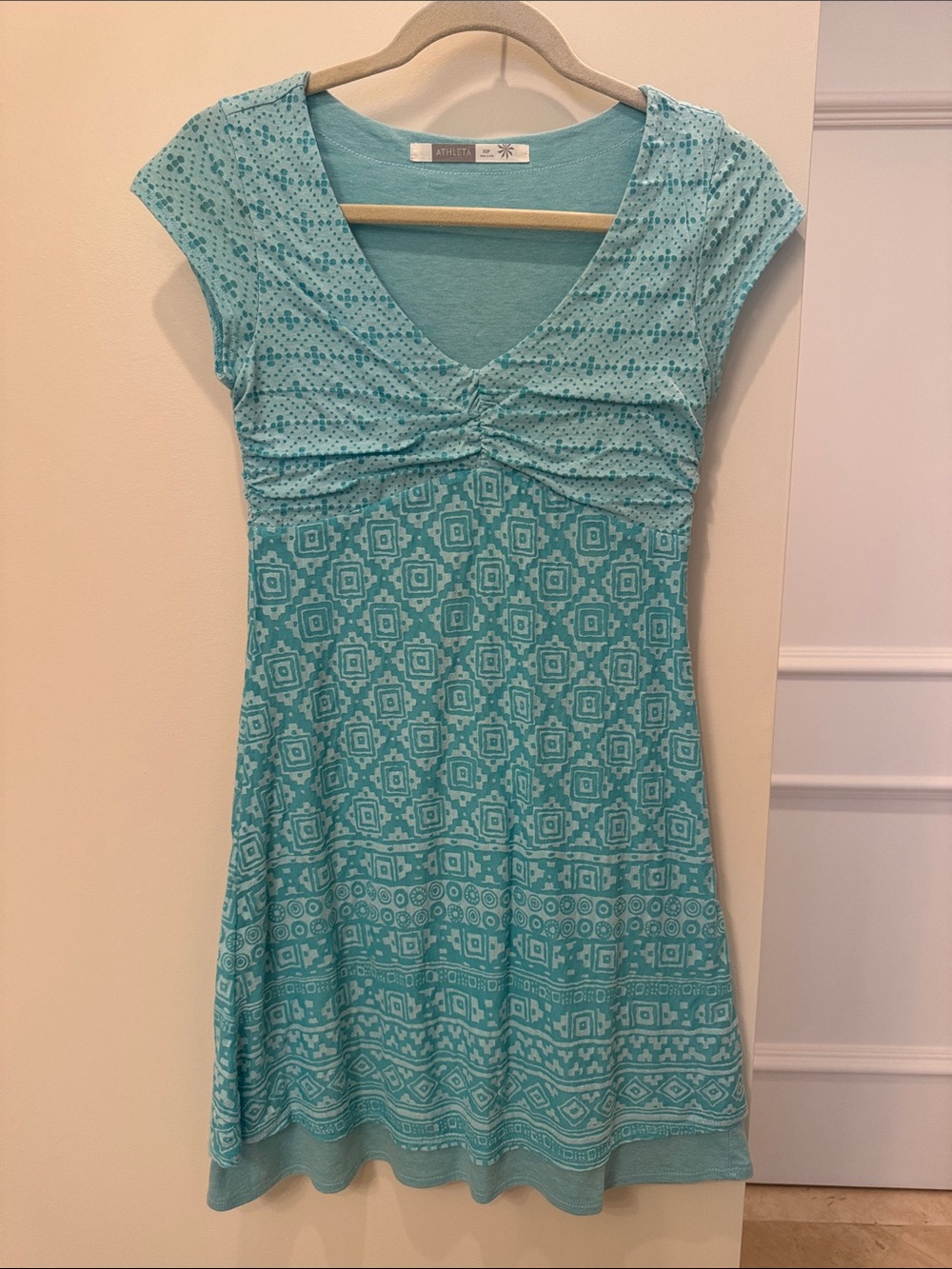 Athleta Teal Geometric V-Neck Dress